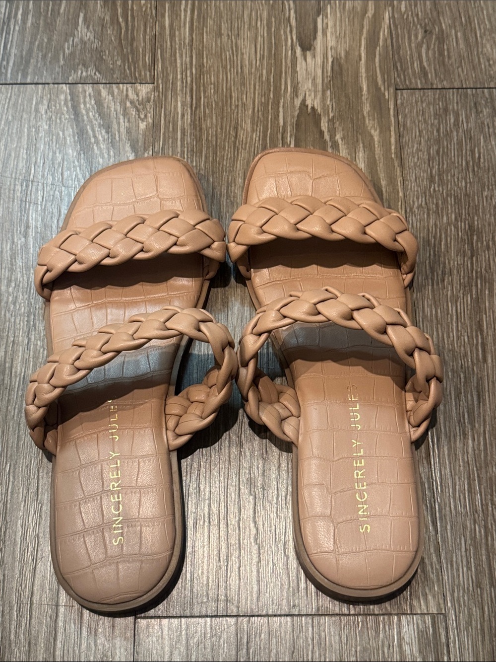 Sincerly Jules Braided Double-Strap Slide Sandals in Tan